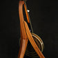 Folding sapele mahogany wood banjo floor stand full rear image with Alvarez banjo