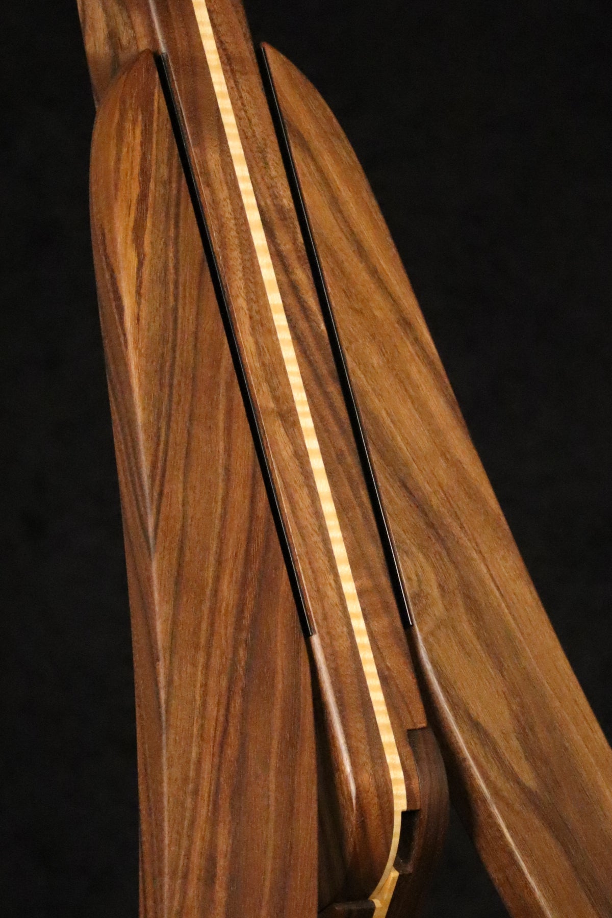 Folding walnut and curly maple wood banjo floor stand closeup front image