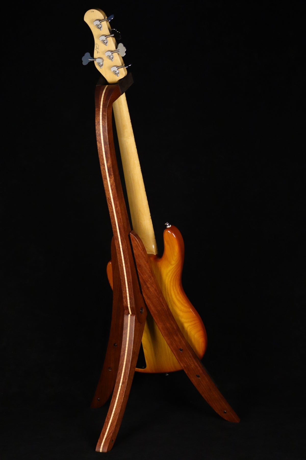 Folding bubinga rosewood and curly maple wood electric bass guitar floor stand full rear image with Sadowsky 5 string bass