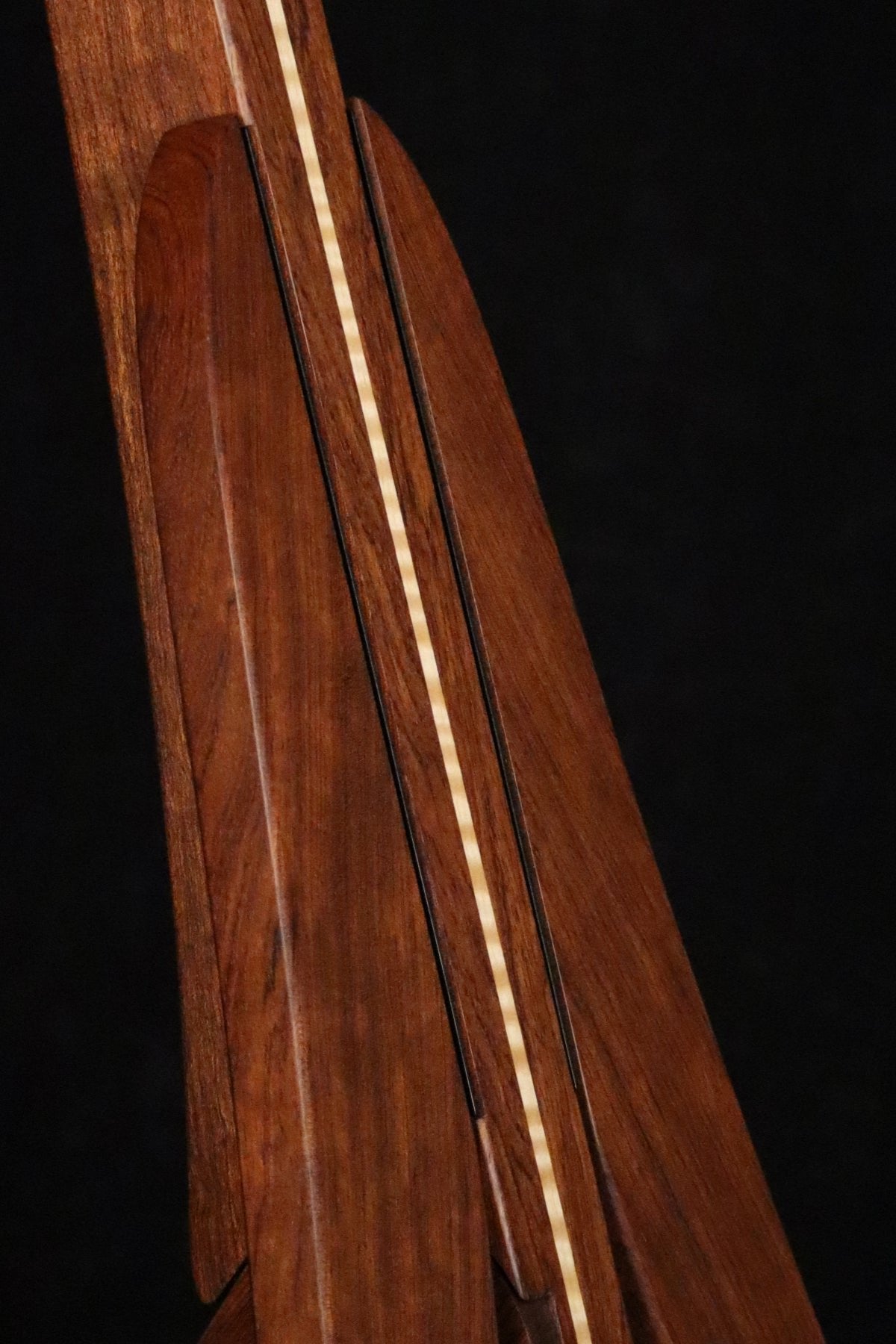 Folding bubinga rosewood and curly maple wood electric bass guitar floor stand closeup front image