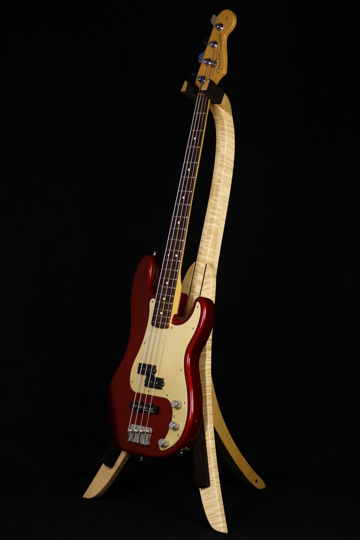 Folding curly maple wood electric bass guitar floor stand full front image with Fender Jazz 4 string bass