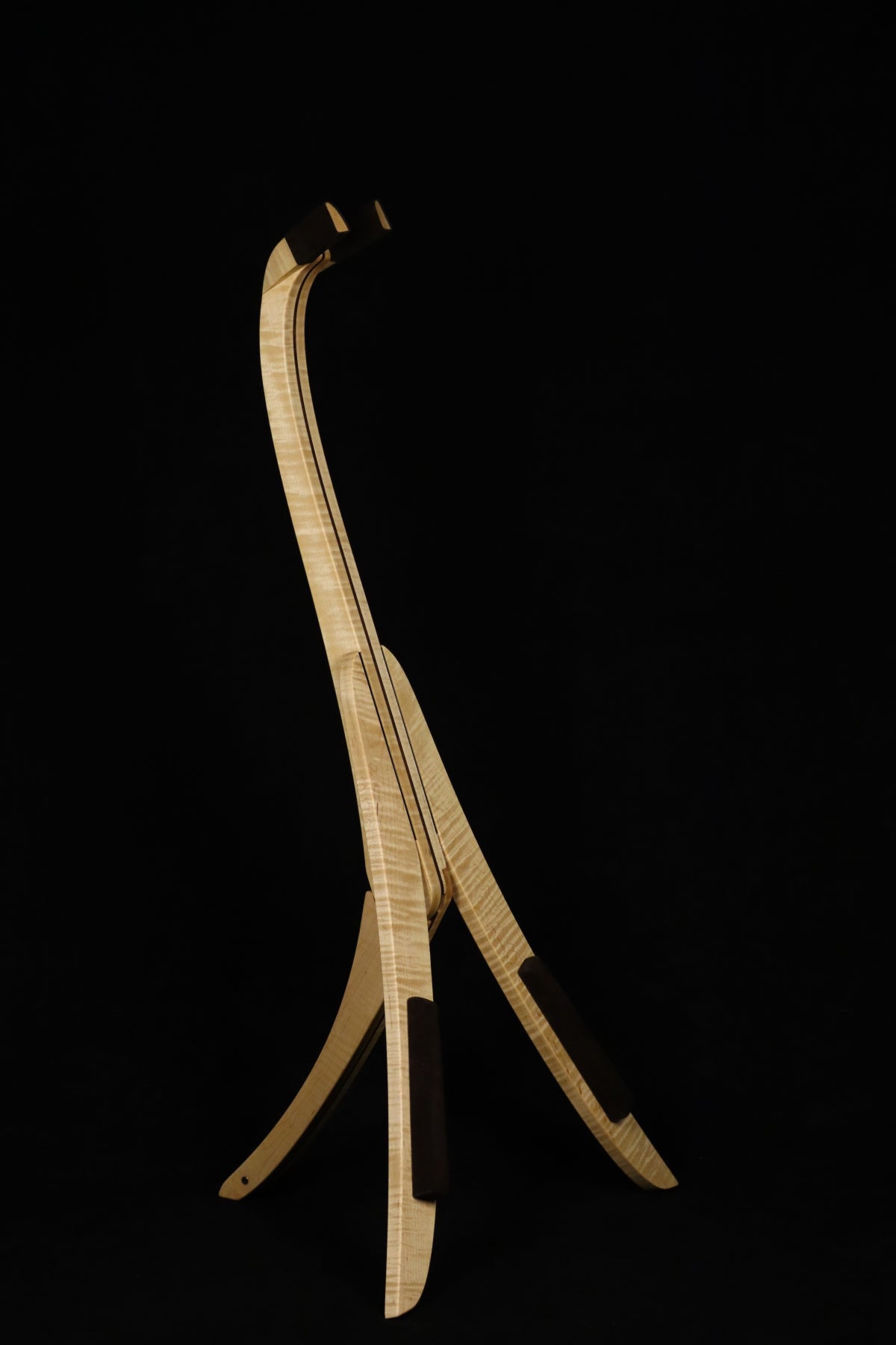 Folding curly maple and walnut wood electric bass guitar floor stand full front image