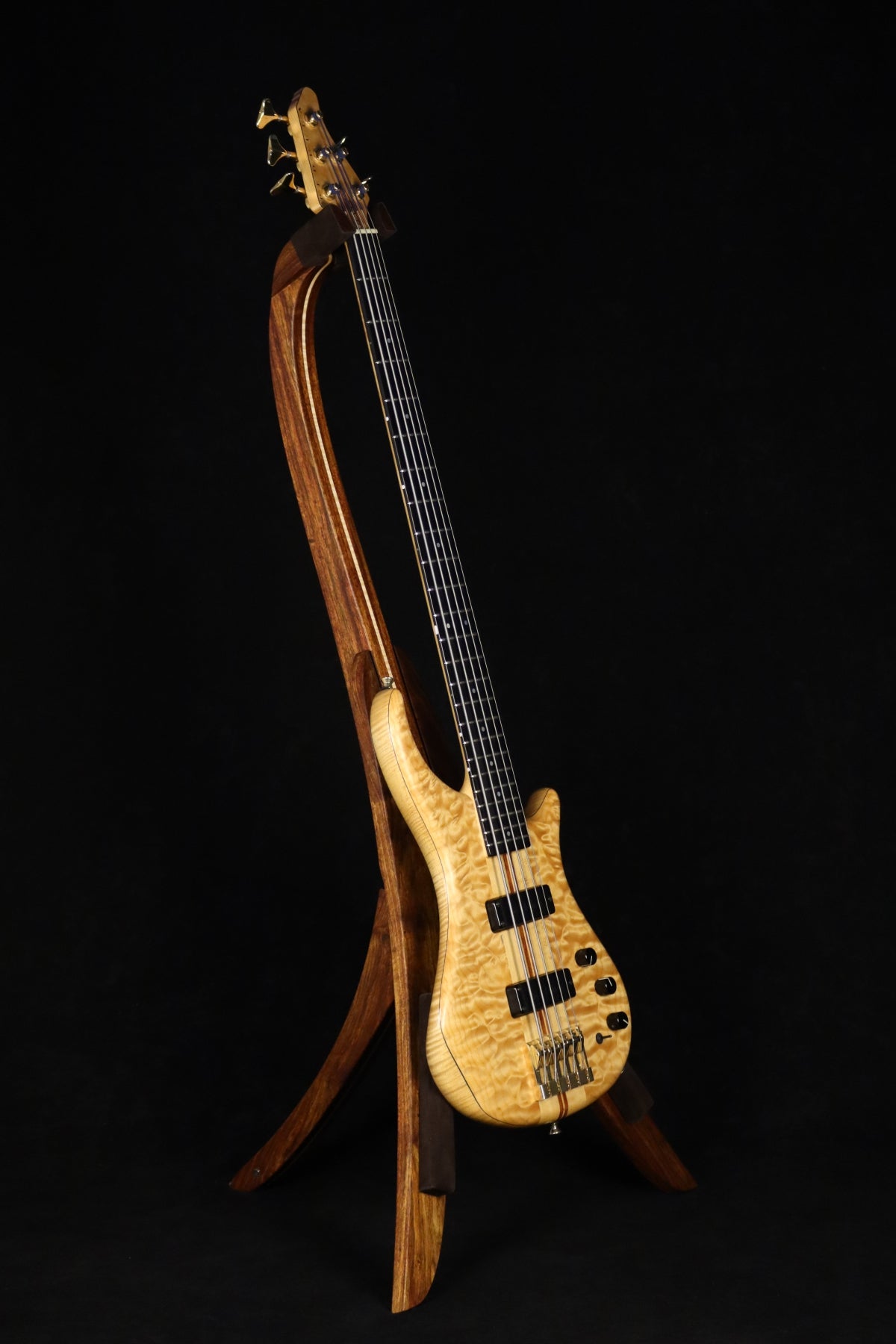 Folding chechen Caribbean rosewood and curly maple wood electric bass guitar floor stand full front image with Pedulla 5 string bass