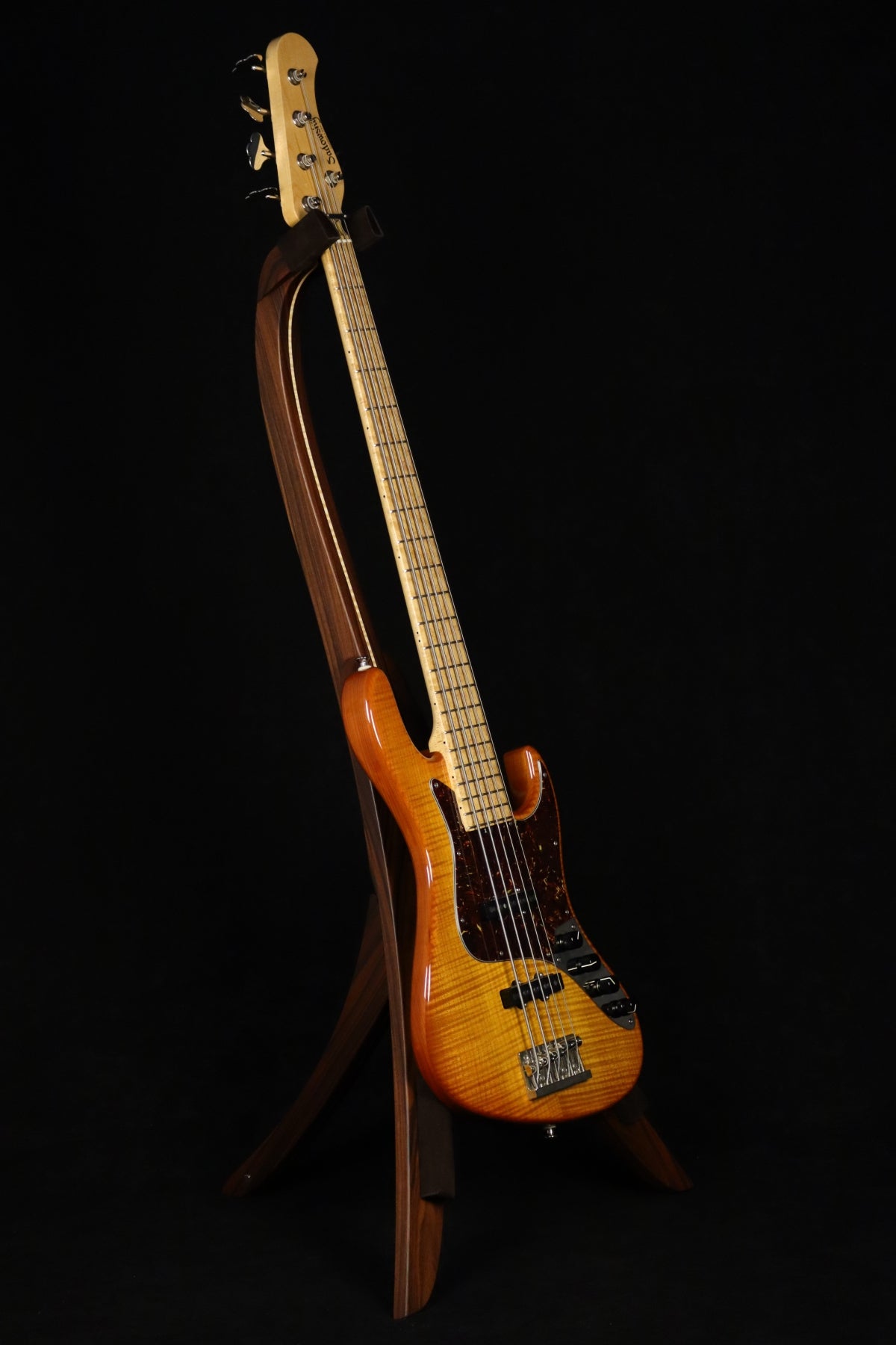 Folding morado Bolivian rosewood and curly maple wood electric bass guitar floor stand full front image with Sadowsky 5 string bass