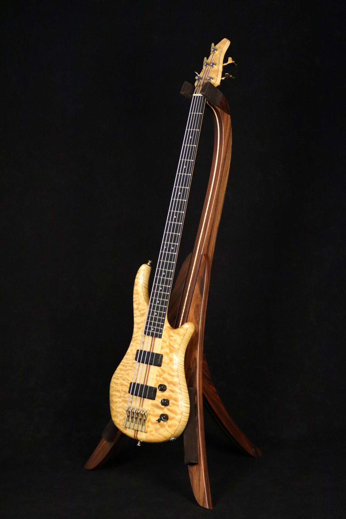 Folding morado Bolivian rosewood and curly maple wood electric bass guitar floor stand full front image with Pedulla 5 string bass