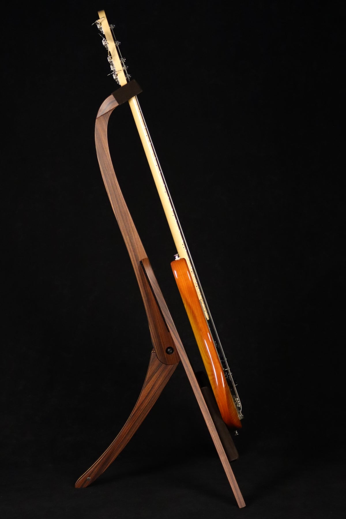 Folding morado Bolivian rosewood and curly maple wood electric bass guitar floor stand full side image with Sadowsky 5 string bass