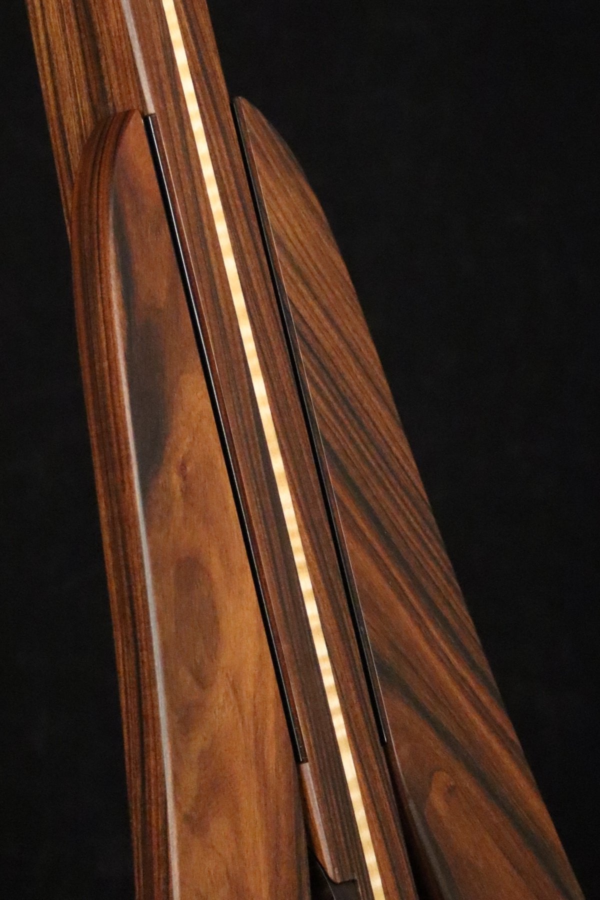Folding morado Bolivian rosewood and curly maple wood electric bass guitar floor stand closeup front image