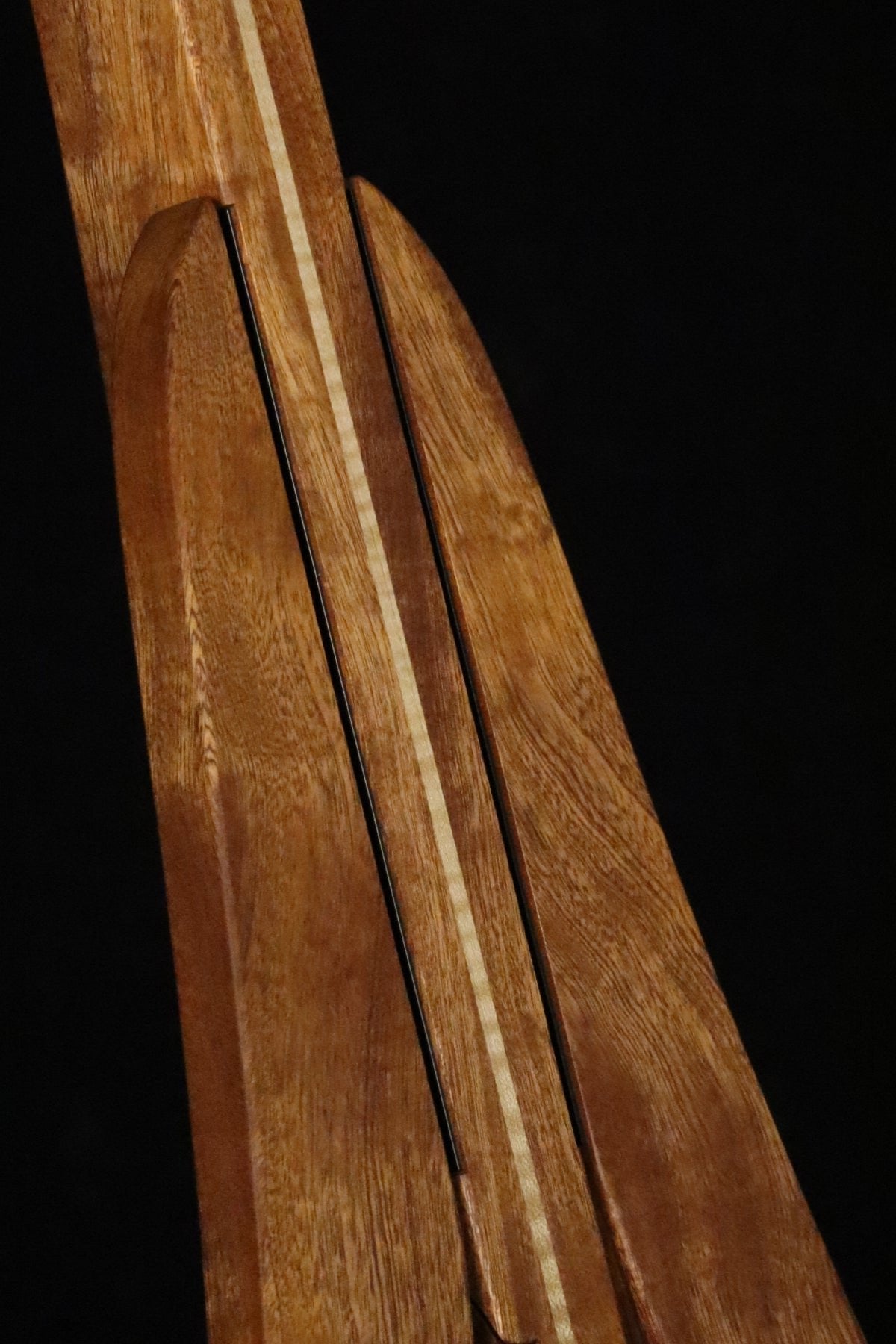 Folding sapele mahogany and curly maple wood electric bass guitar floor stand closeup front image