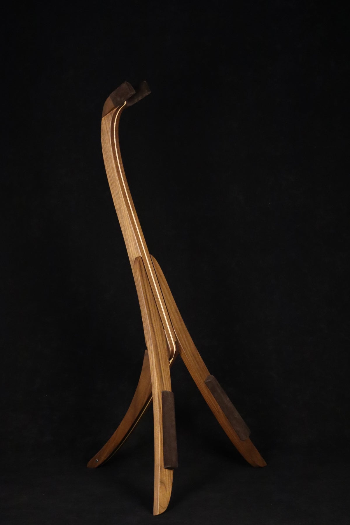 Folding walnut and curly maple wood electric bass guitar floor stand full front image