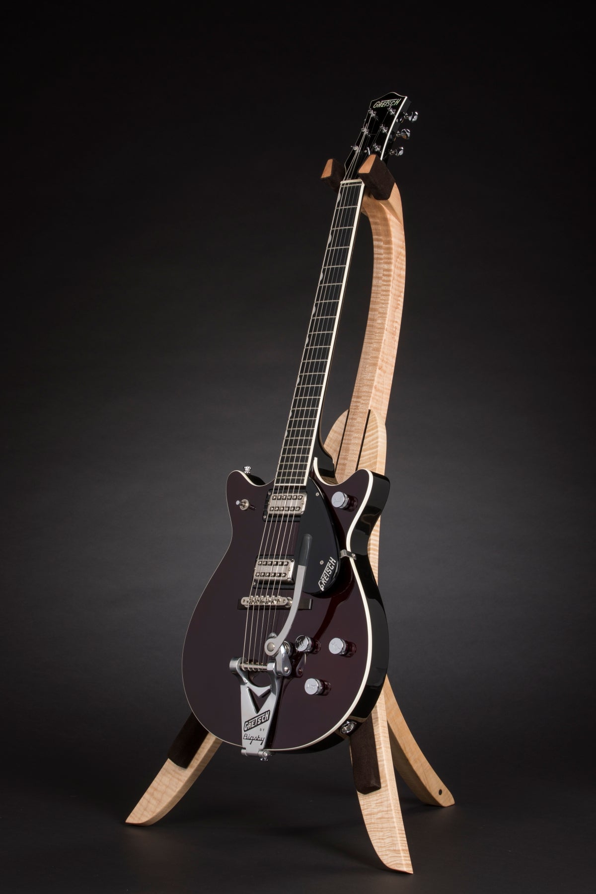 Folding curly maple wood guitar floor stand full front image with Gretsch guitar