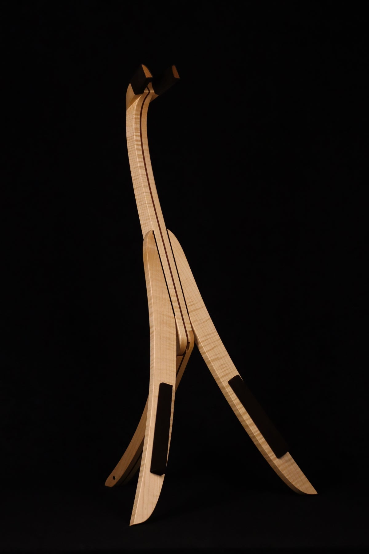 Folding curly maple and walnut wood guitar floor stand full front image