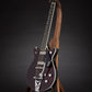 Folding walnut wood guitar floor stand full front image with Gretsch guitar
