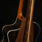 Folding walnut and curly maple wood guitar floor stand closeup rear image with Taylor guitar