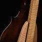 Folding curly maple wood mandolin floor stand closeup rear image with Eastman mandolin