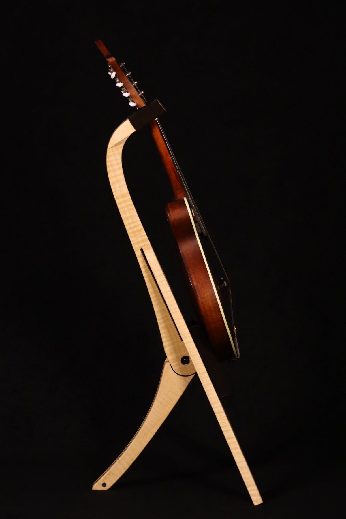 Folding curly maple and walnut wood mandolin floor stand full side image with Eastman mandolin