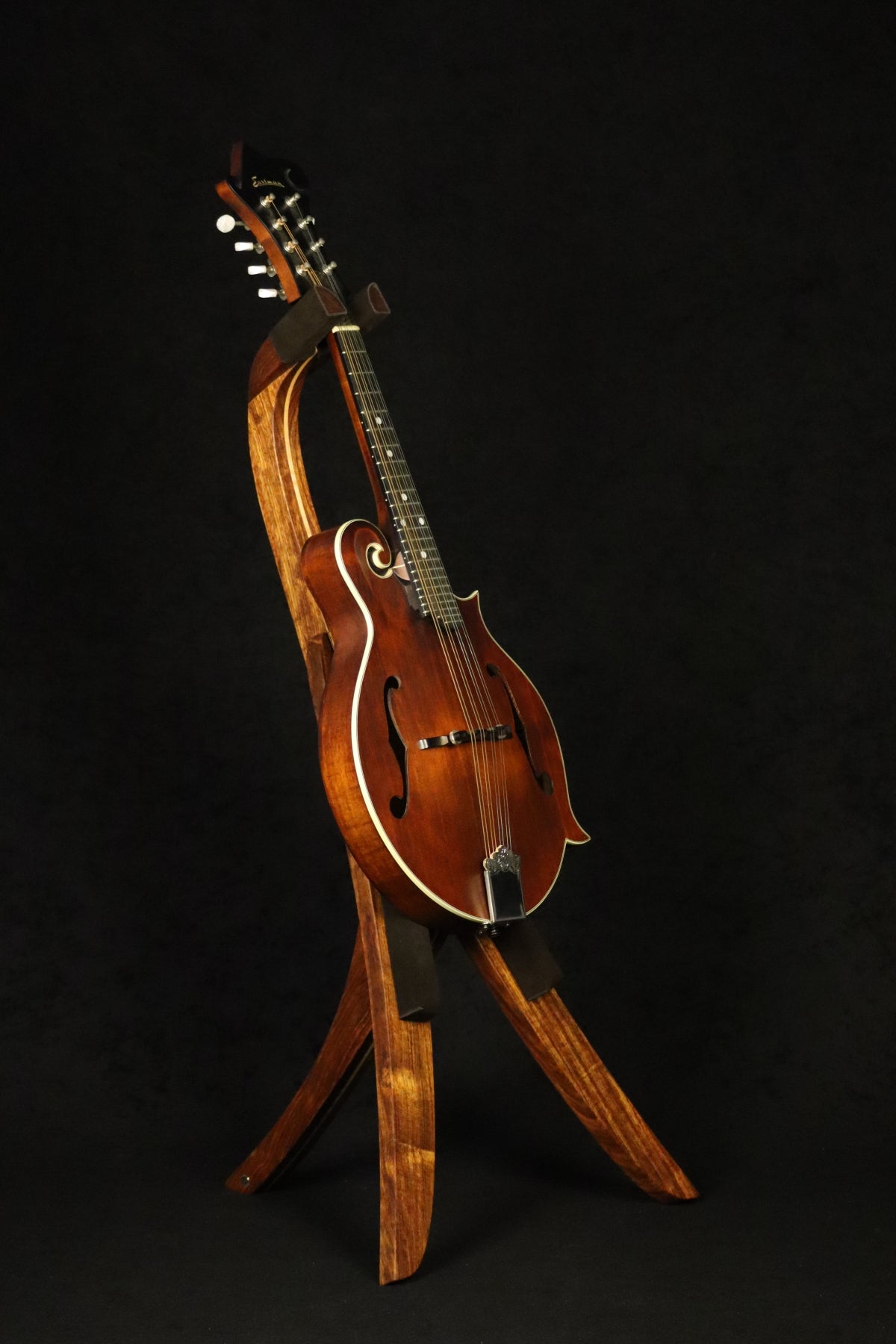 Folding chechen Caribbean rosewood and curly maple wood mandolin floor stand full front image with Eastman mandolin