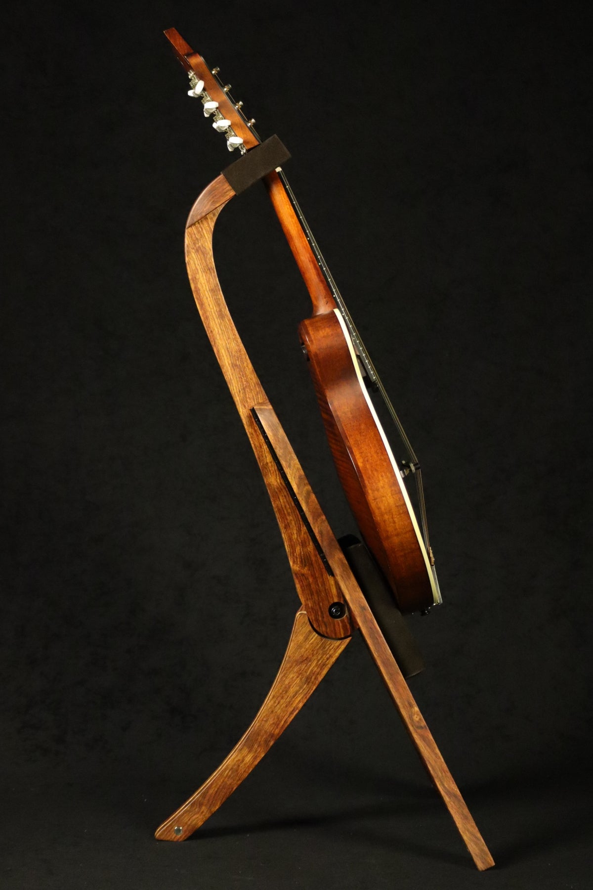 Folding chechen Caribbean rosewood and curly maple wood mandolin floor stand full side image with Eastman mandolin