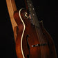 Folding sapele mahogany wood mandolin floor stand closeup front image with Eastman mandolin