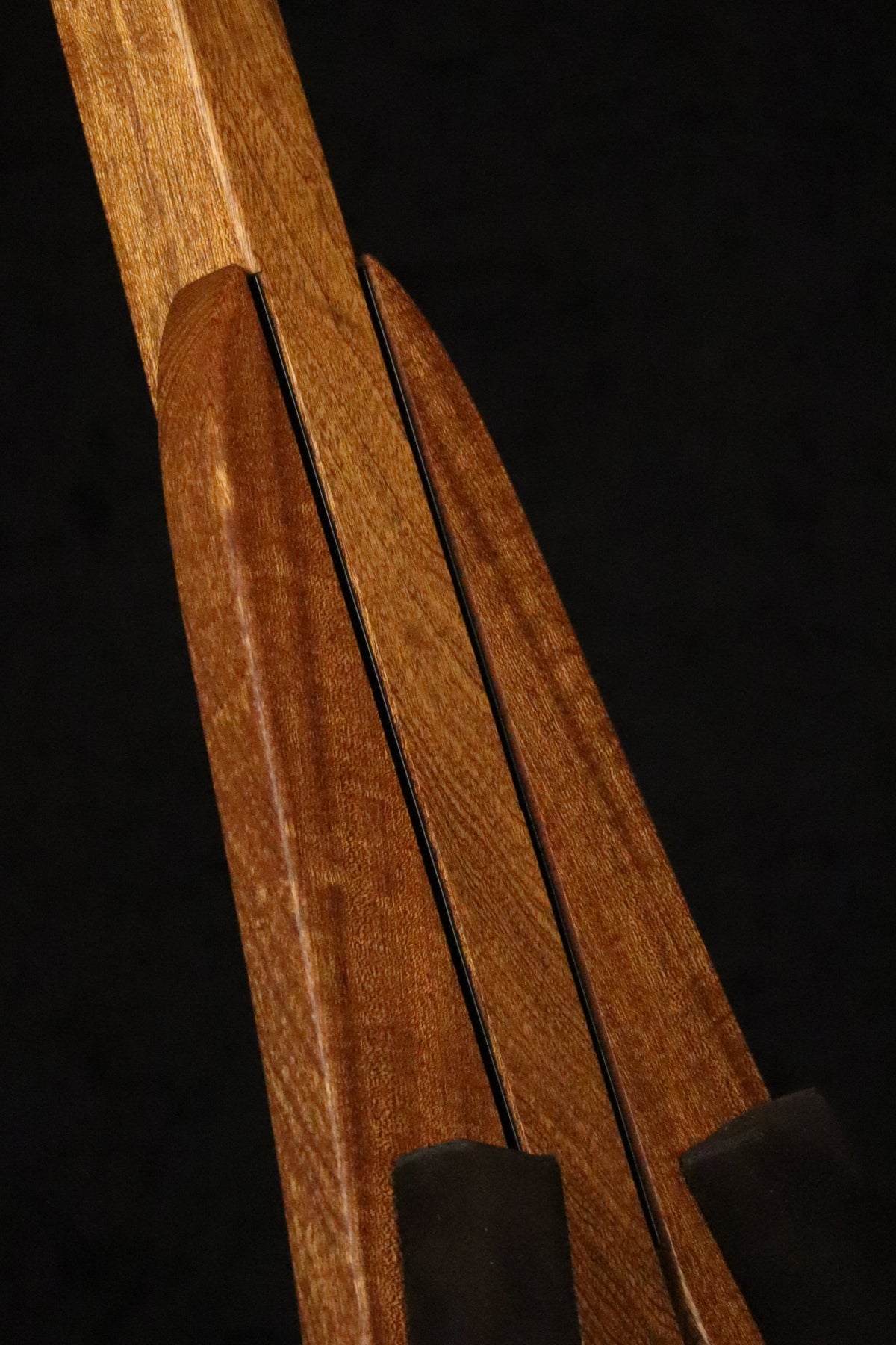 Folding sapele mahogany wood mandolin floor stand closeup front image