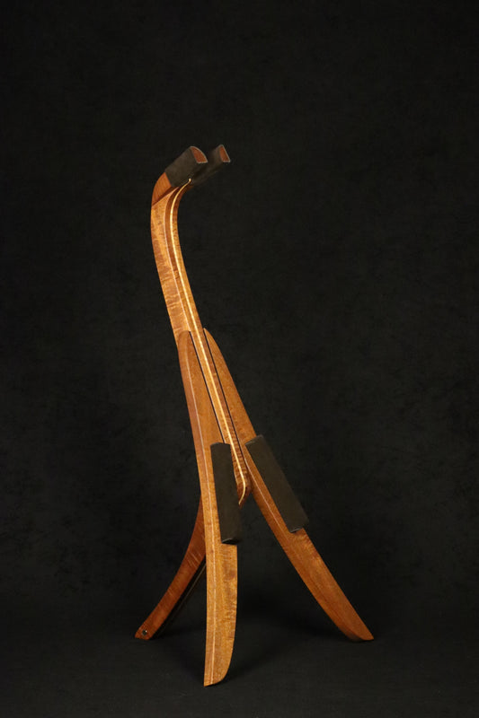 Folding sapele mahogany and curly maple wood mandolin floor stand full front image