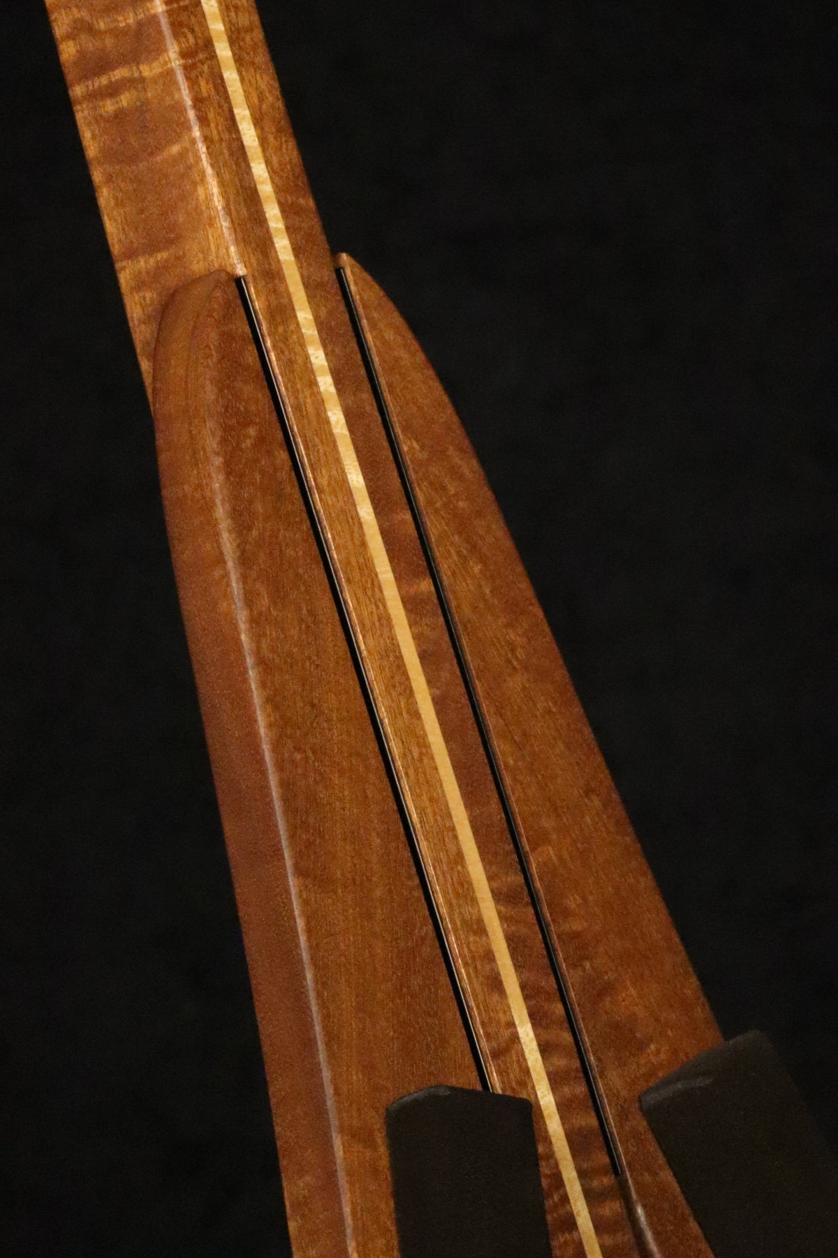 Folding sapele mahogany and curly maple wood mandolin floor stand closeup front image