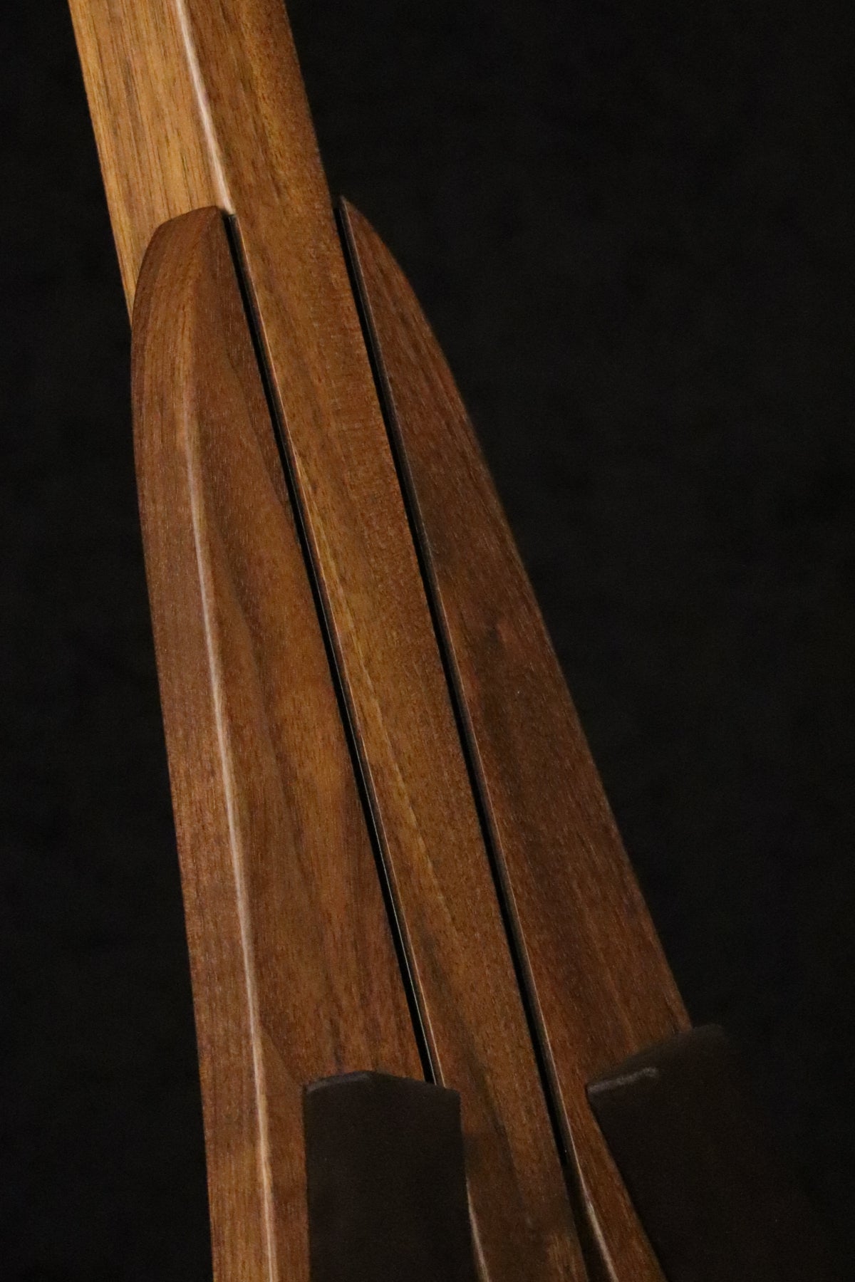 Folding walnut wood mandolin floor stand closeup front image