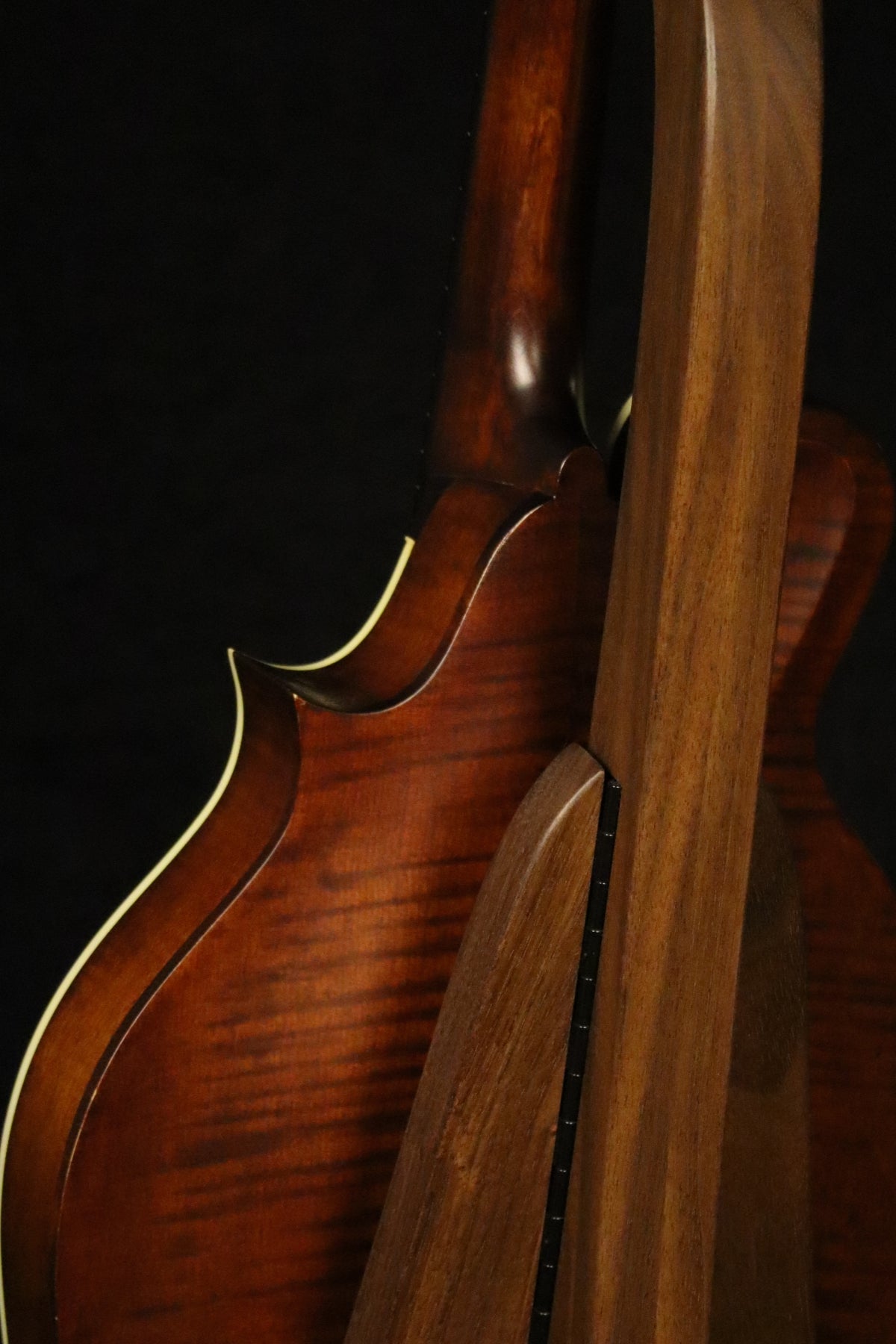 Folding walnut wood mandolin floor stand closeup rear image with Eastman mandolin