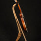 Folding walnut and curly maple wood mandolin floor stand full side image with Eastman mandolin