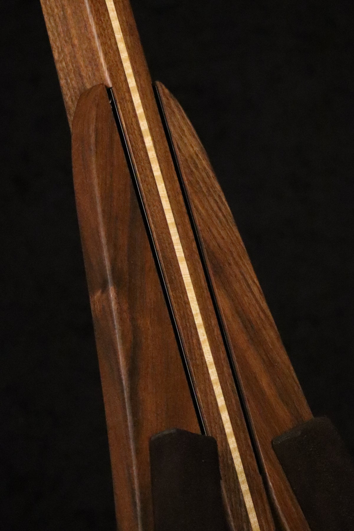 Folding walnut and curly maple wood mandolin floor stand closeup front image