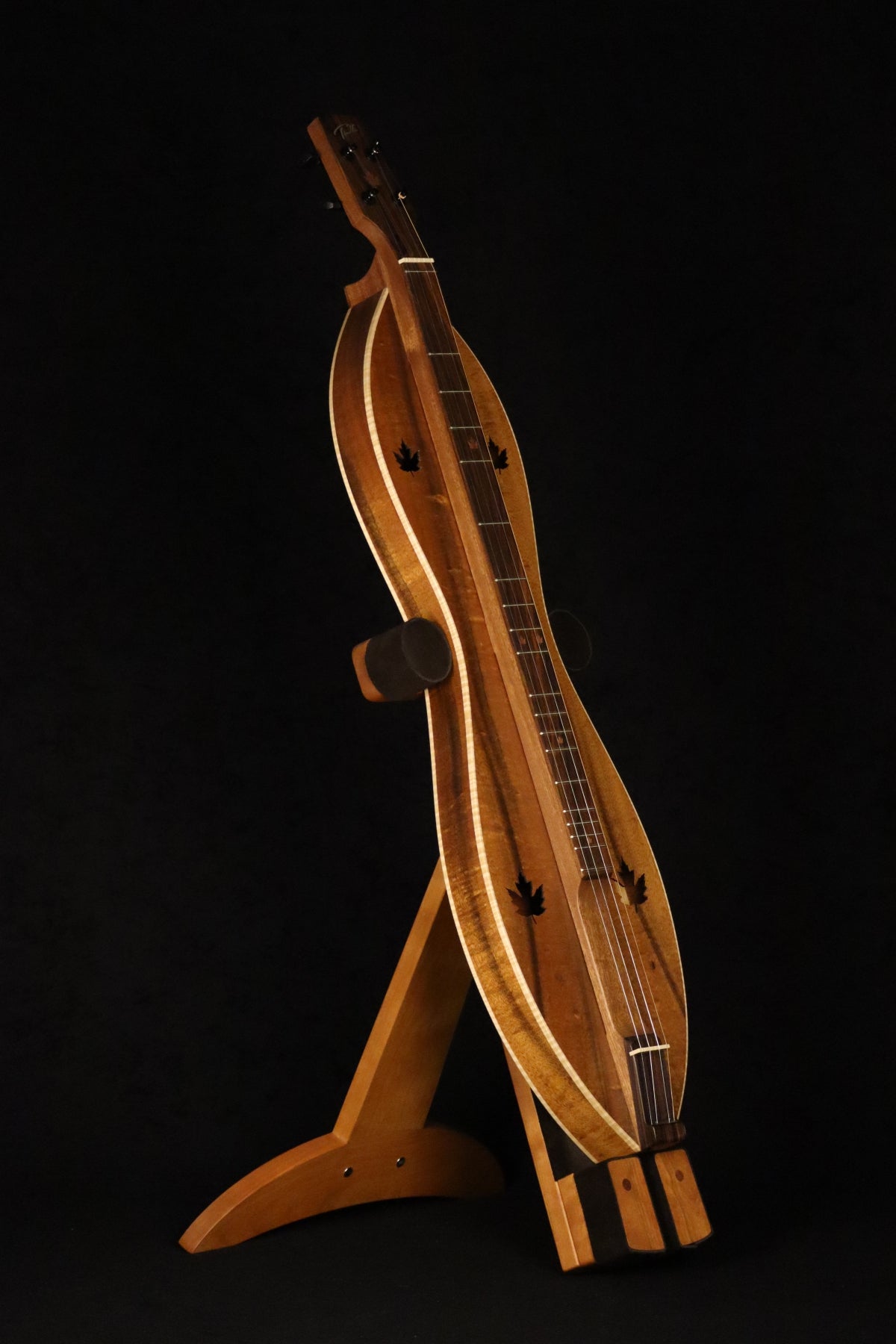 Folding cherry wood mountain dulcimer floor stand full front image with Tindle koa dulcimer