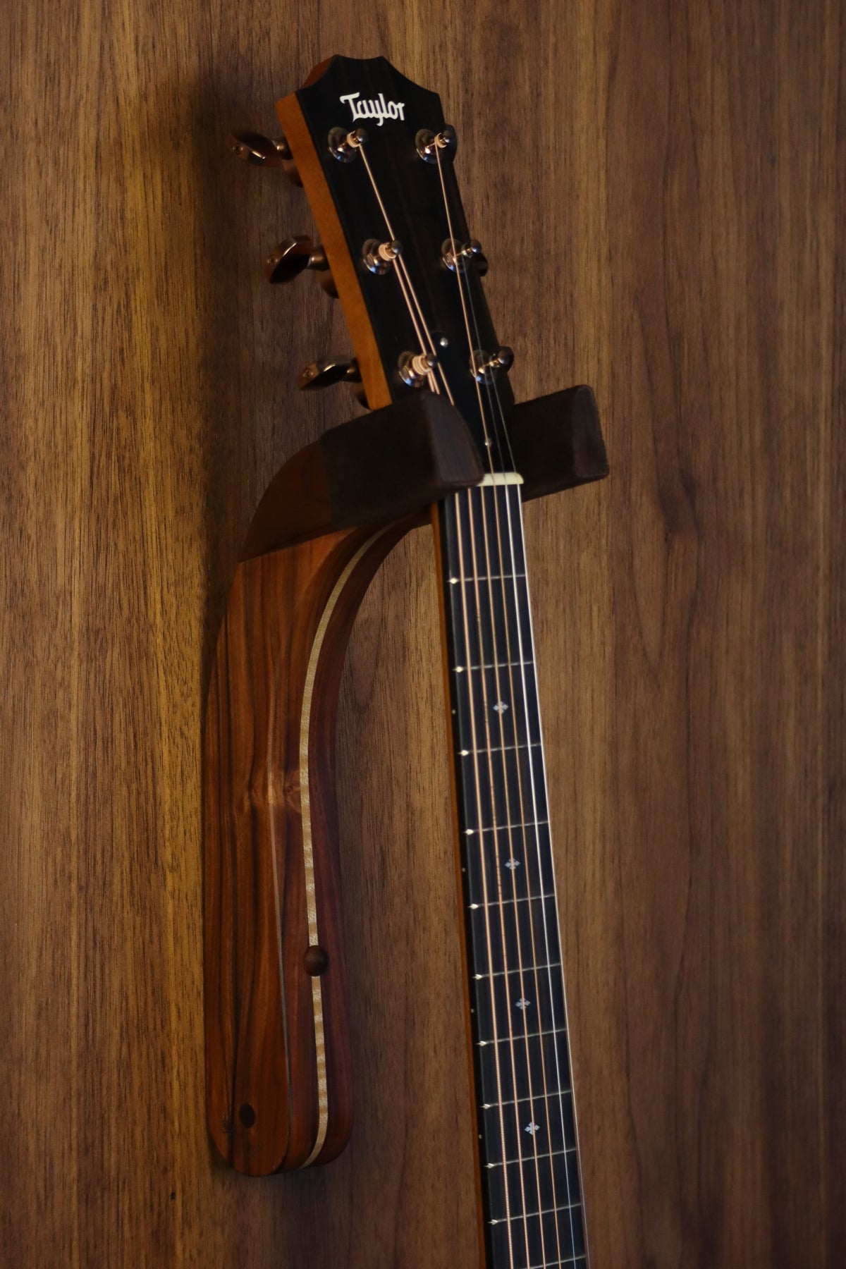 Morado Bolivian rosewood pau fero and curly maple wood guitar wall mount hanger installed on paneled wall with Taylor guitar