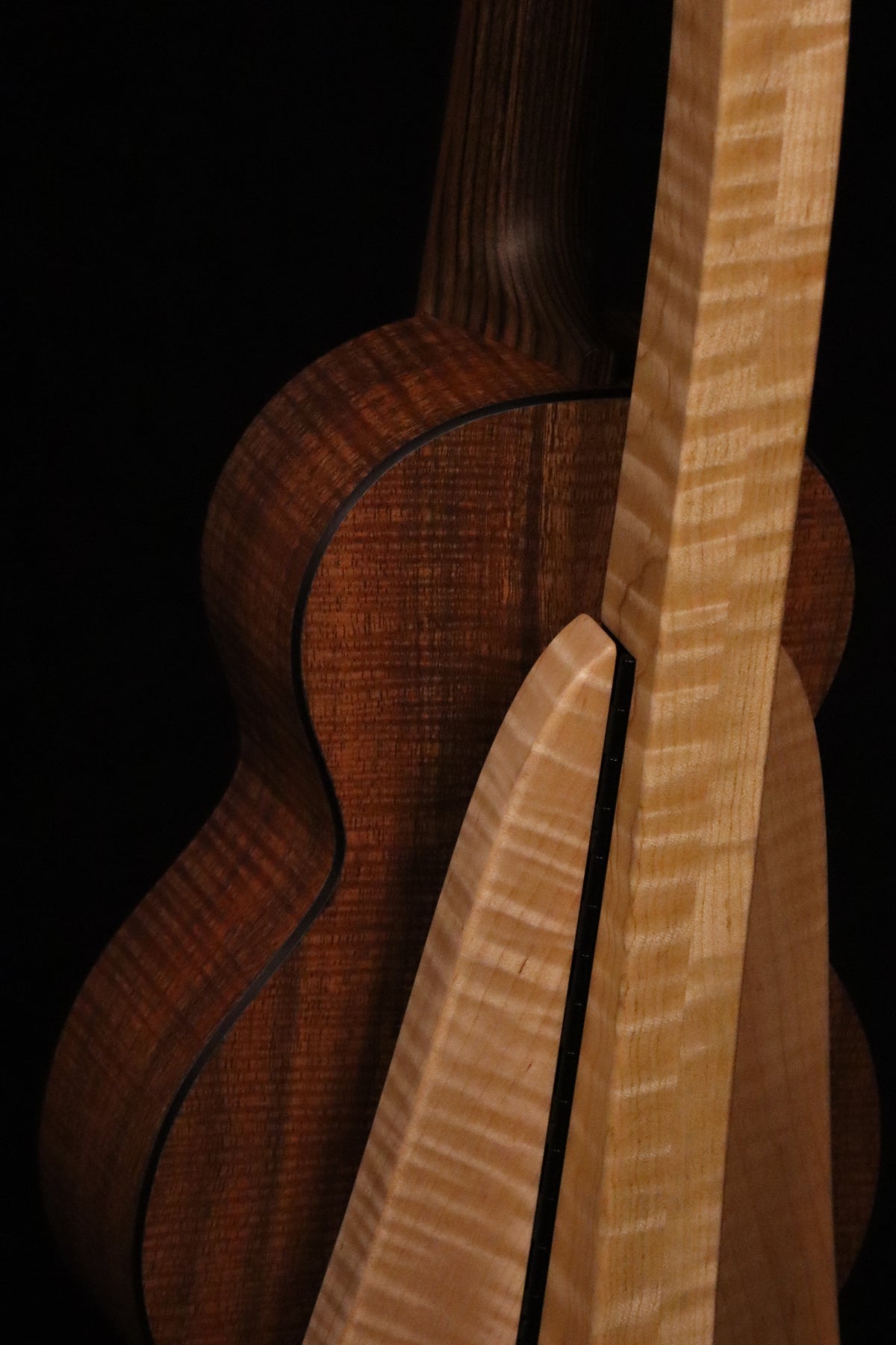Folding curly maple wood ukulele floor stand closeup rear image with Martin ukulele