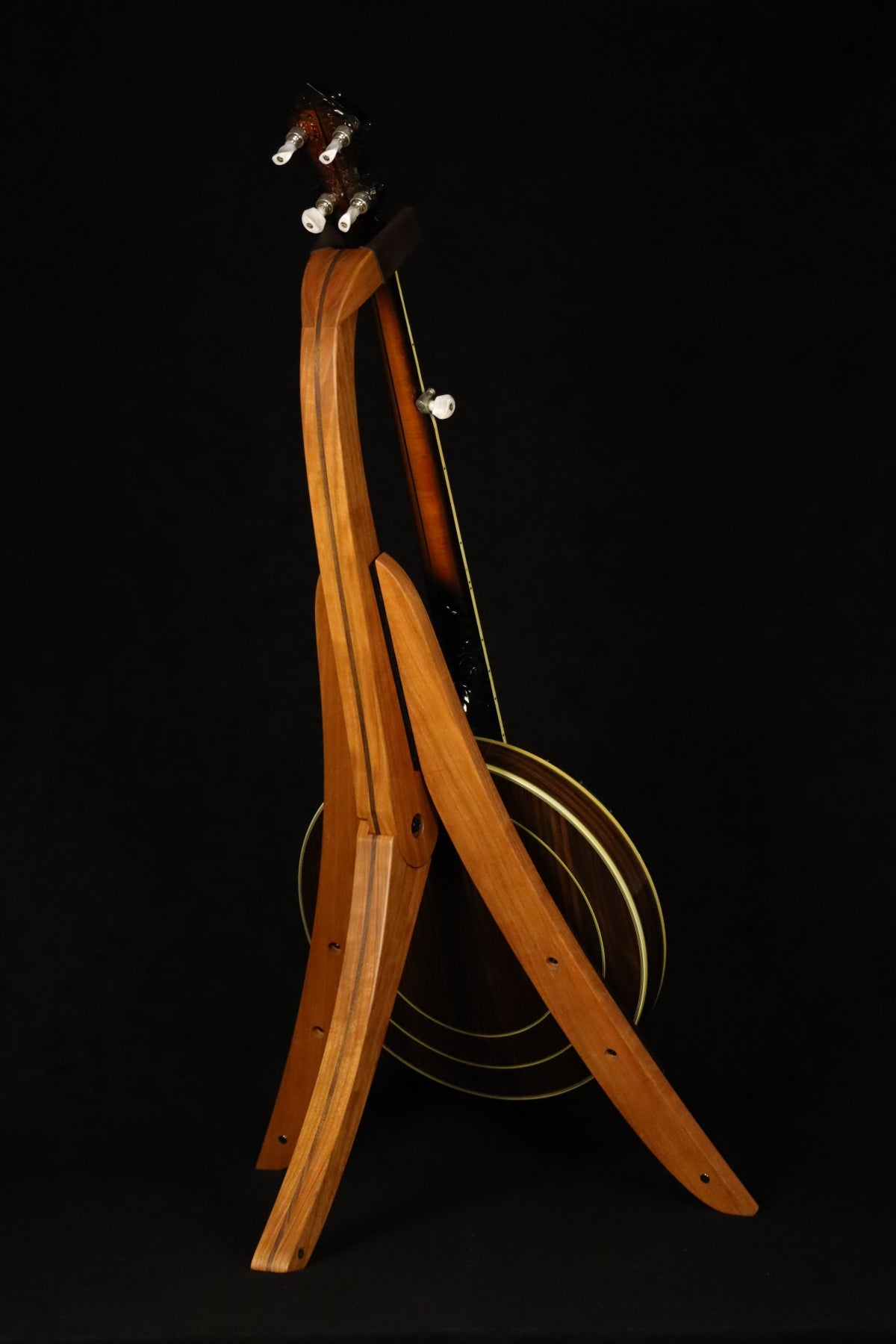 Folding cherry and walnut wood banjo floor stand full rear image with Alvarez banjo