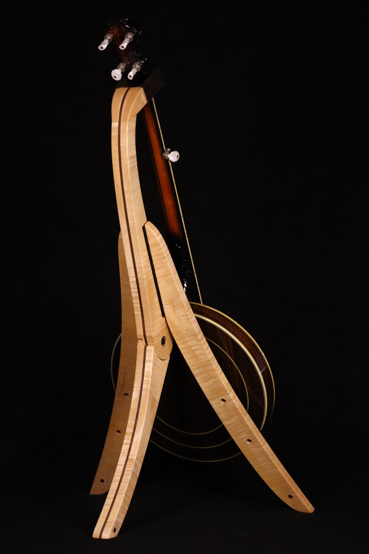 Folding curly maple and walnut wood banjo floor stand full rear image with Alvarez banjo