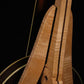 Folding curly maple and walnut wood banjo floor stand closeup rear image with Alvarez banjo