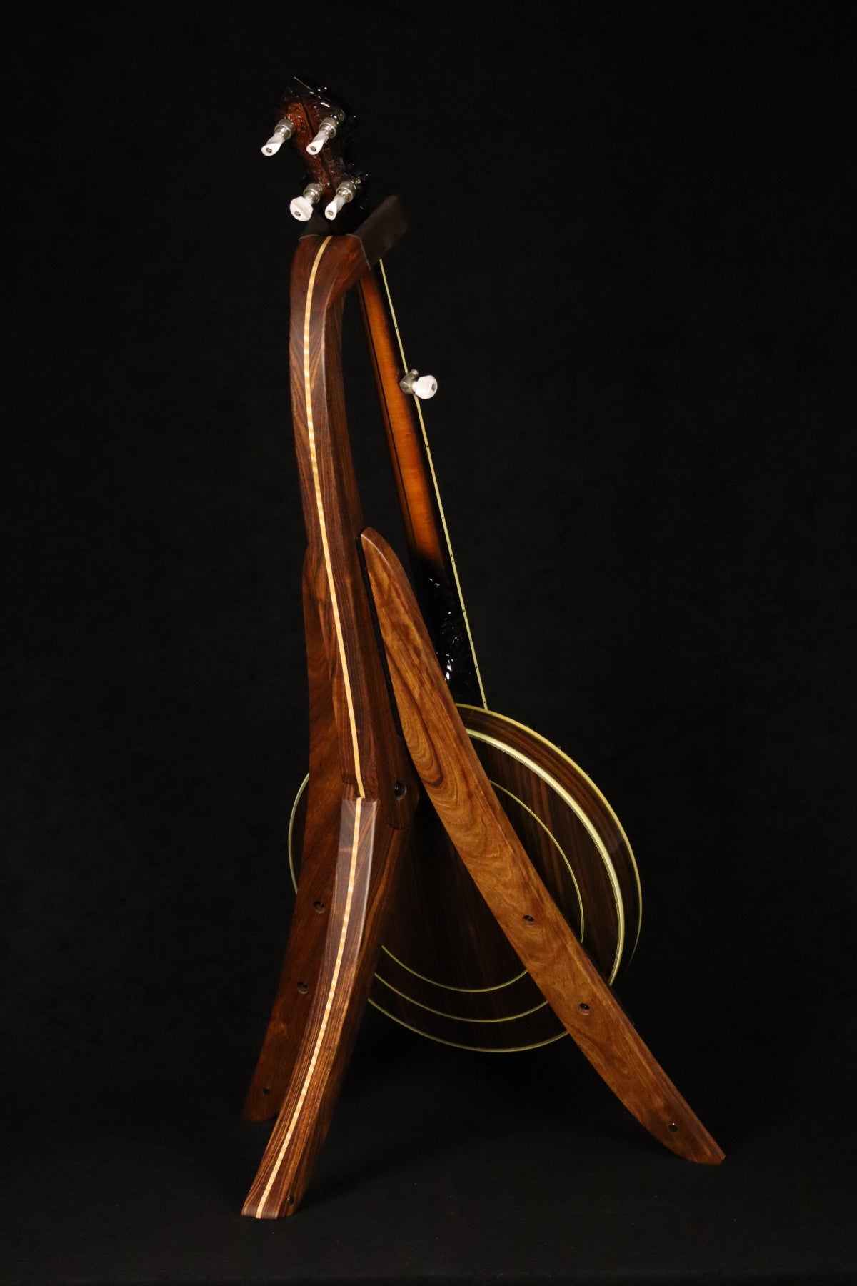 Folding chechen Caribbean rosewood and curly maple wood banjo floor stand full rear image with Alvarez banjo