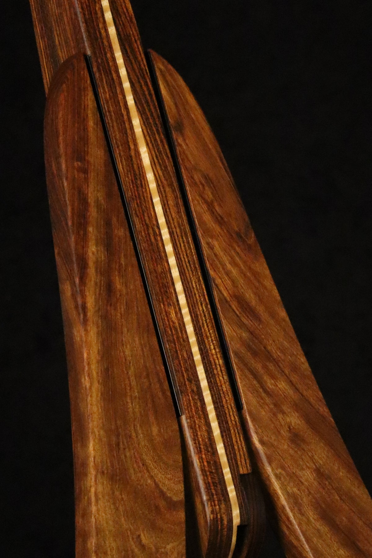 Folding chechen Caribbean rosewood and curly maple wood banjo floor stand closeup front image
