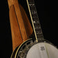 Folding cherry wood banjo floor stand closeup front image with Alvarez banjo