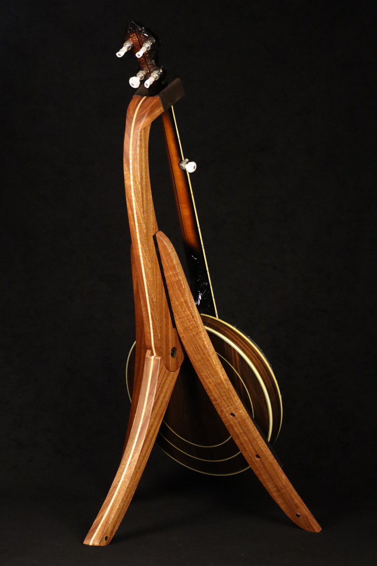 Folding sapele mahogany and curly maple wood banjo floor stand full rear image with Alvarez banjo