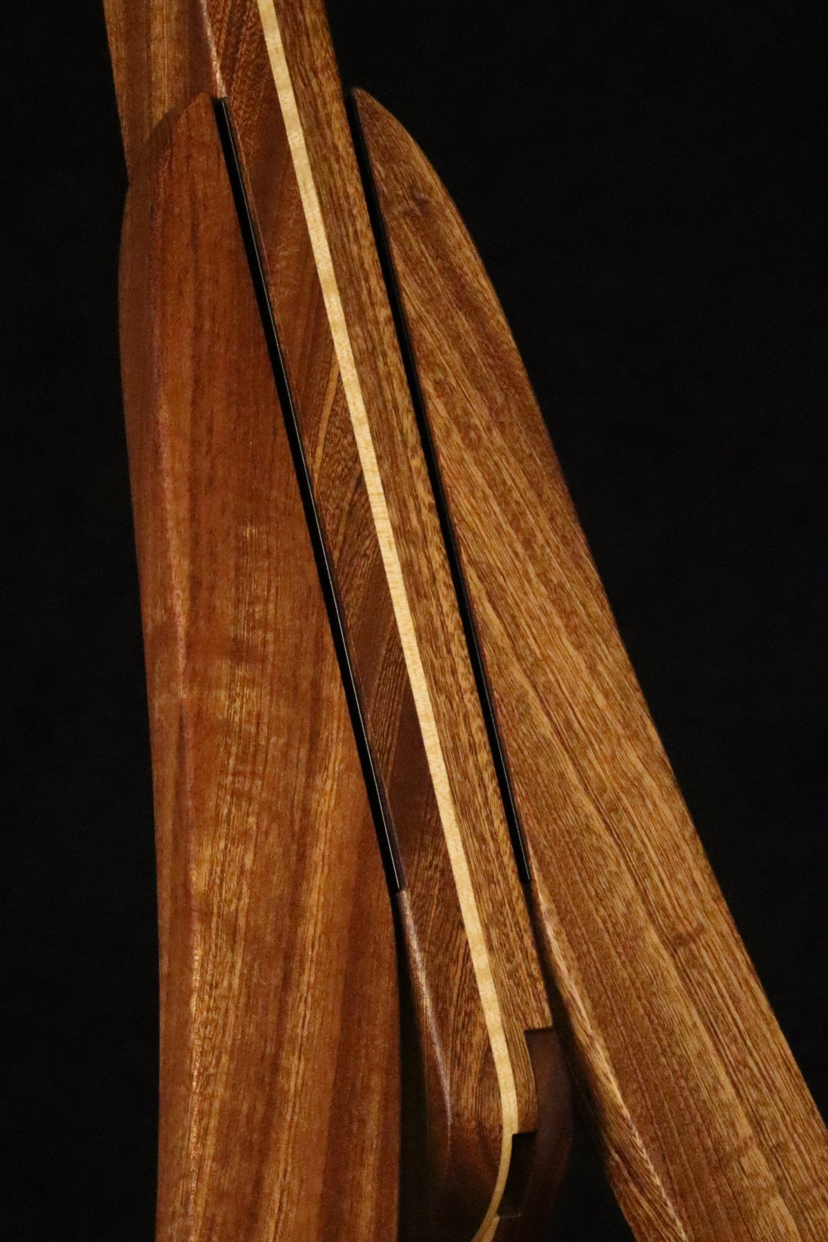 Folding sapele mahogany and curly maple wood banjo floor stand closeup front image