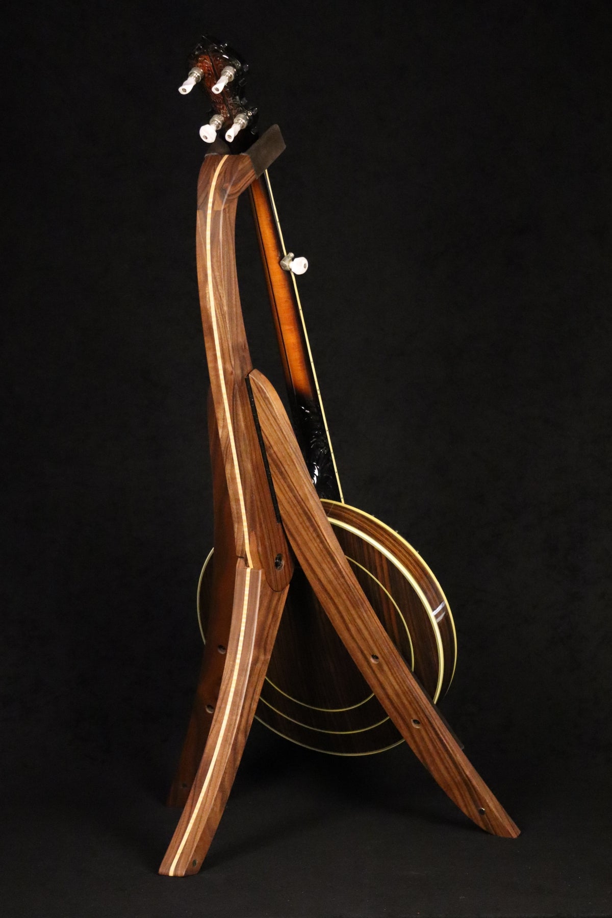 Folding walnut and curly maple wood banjo floor stand full rear image with Alvarez banjo