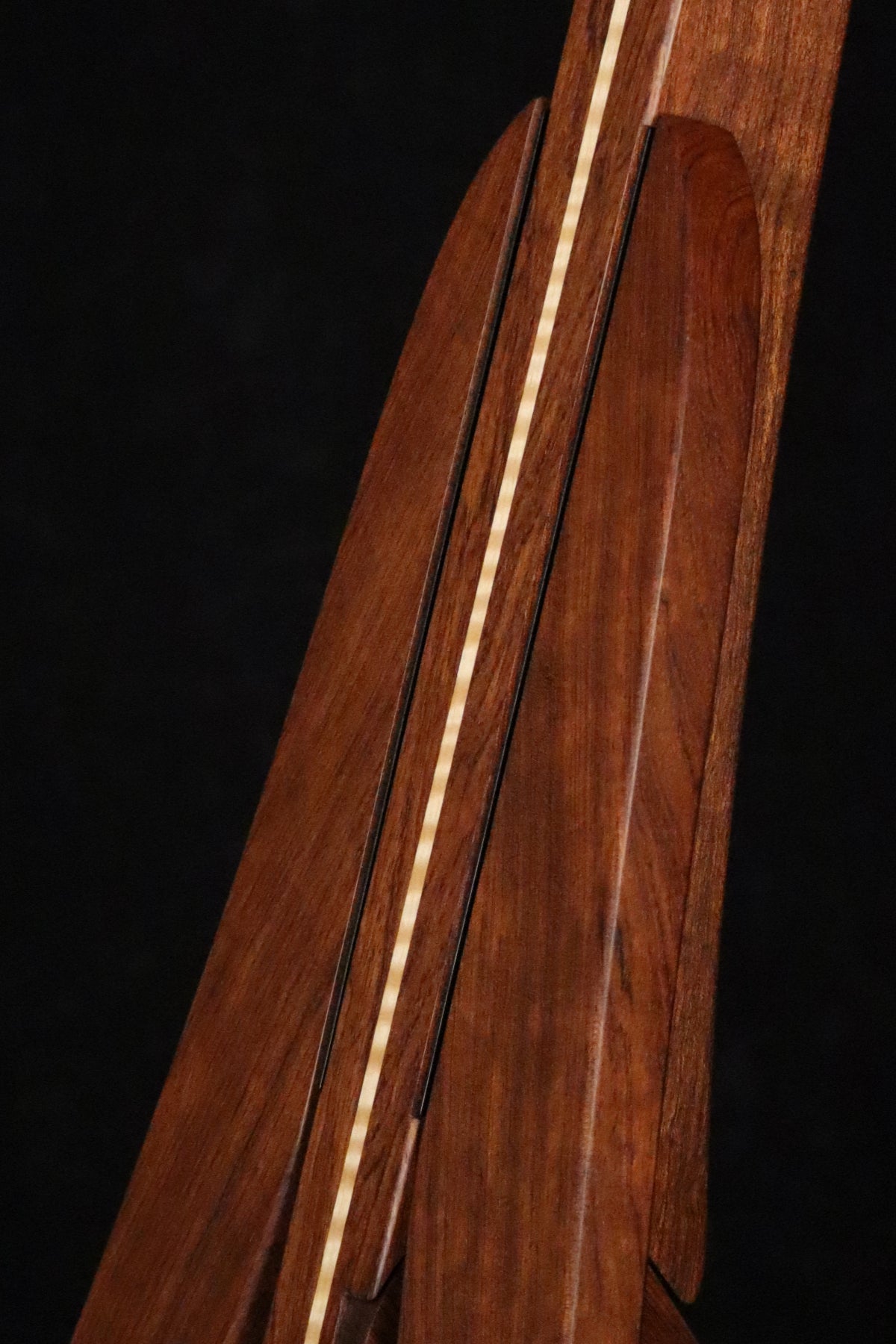Folding bubinga rosewood and curly maple wood electric bass guitar floor stand closeup front image