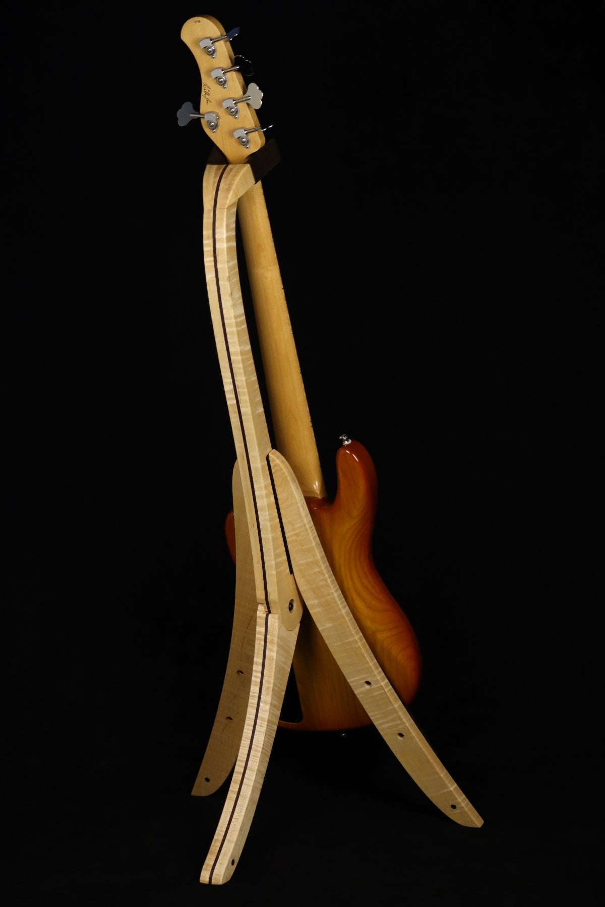 Folding curly maple and walnut wood electric bass guitar floor stand full rear image with Sadowsky 5 string  bass