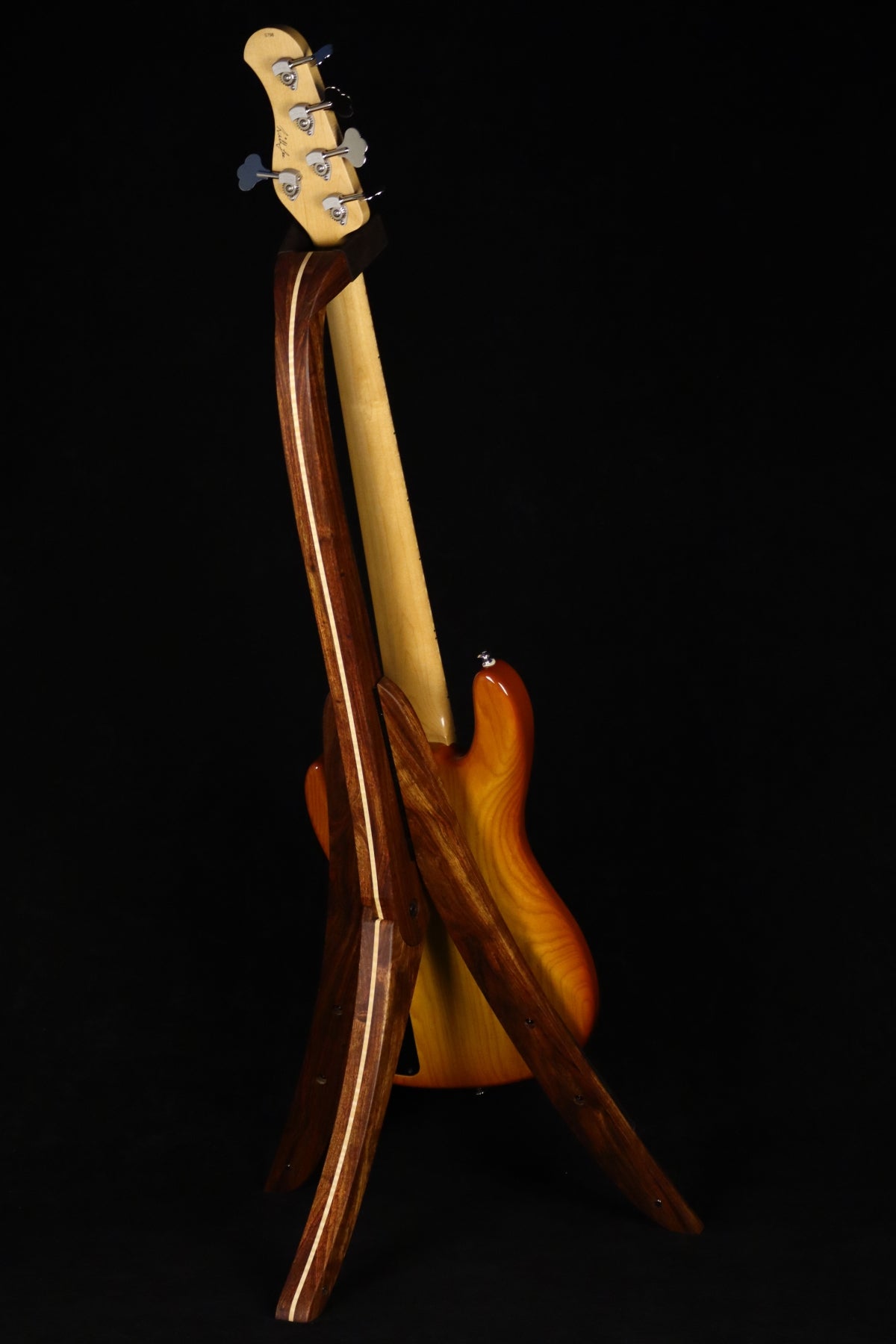 Folding chechen Caribbean rosewood and curly maple wood electric bass guitar floor stand full rear image with Sadowsky 5 string bass