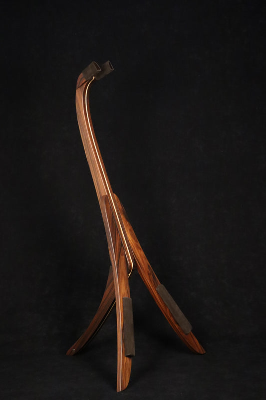 Folding morado Bolivian rosewood and curly maple wood electric bass guitar floor stand full front image