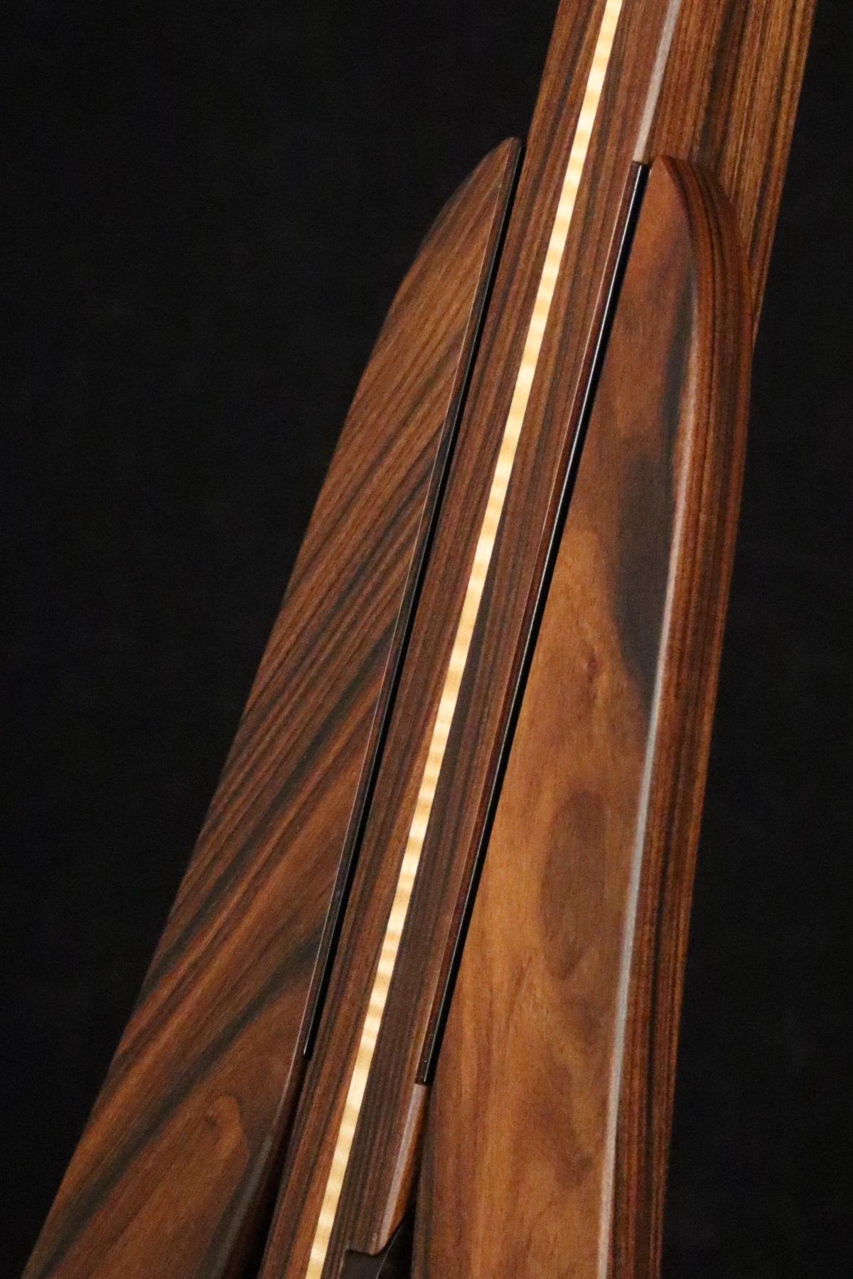 Folding morado Bolivian rosewood and curly maple wood electric bass guitar floor stand closeup front image