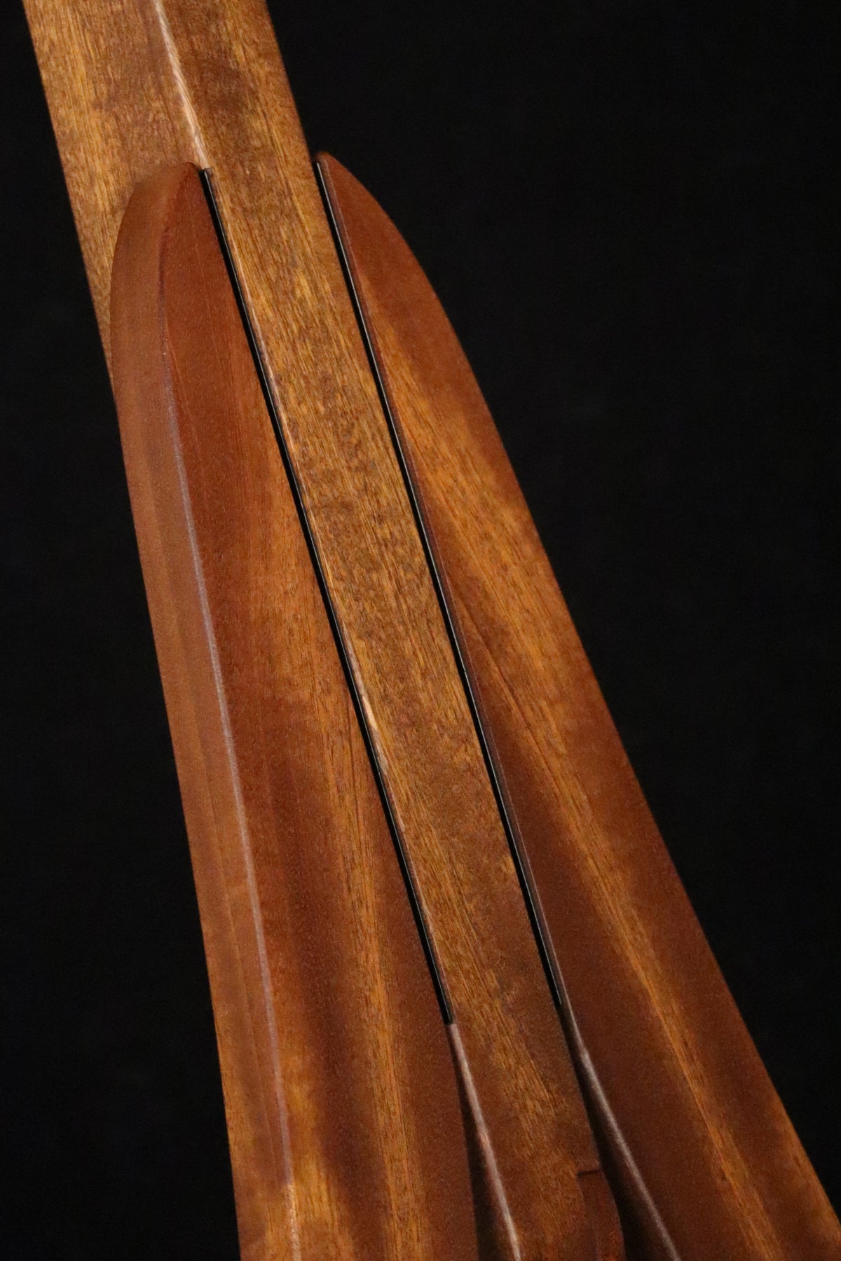 Folding sapele mahogany wood electric bass guitar floor stand closeup front image
