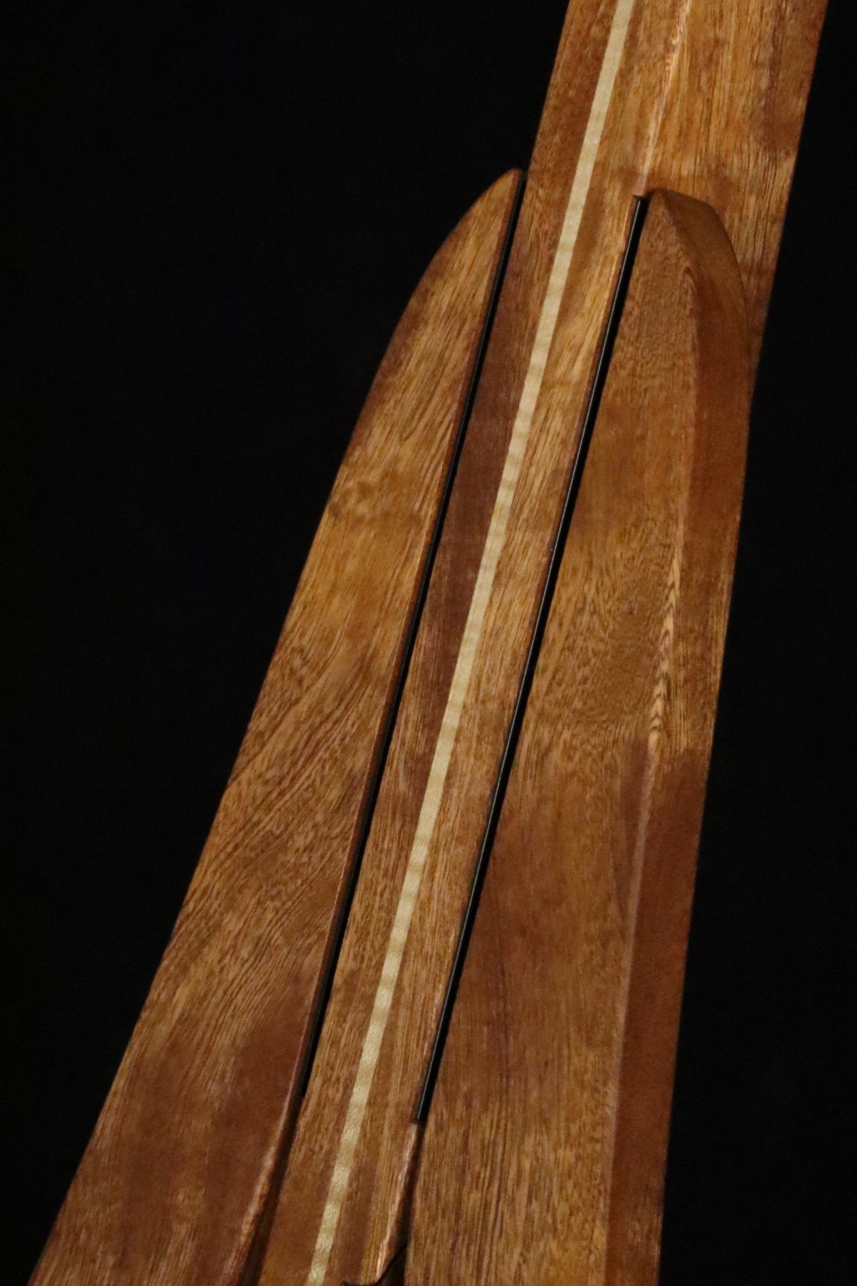 Folding sapele mahogany and curly maple wood electric bass guitar floor stand closeup front image