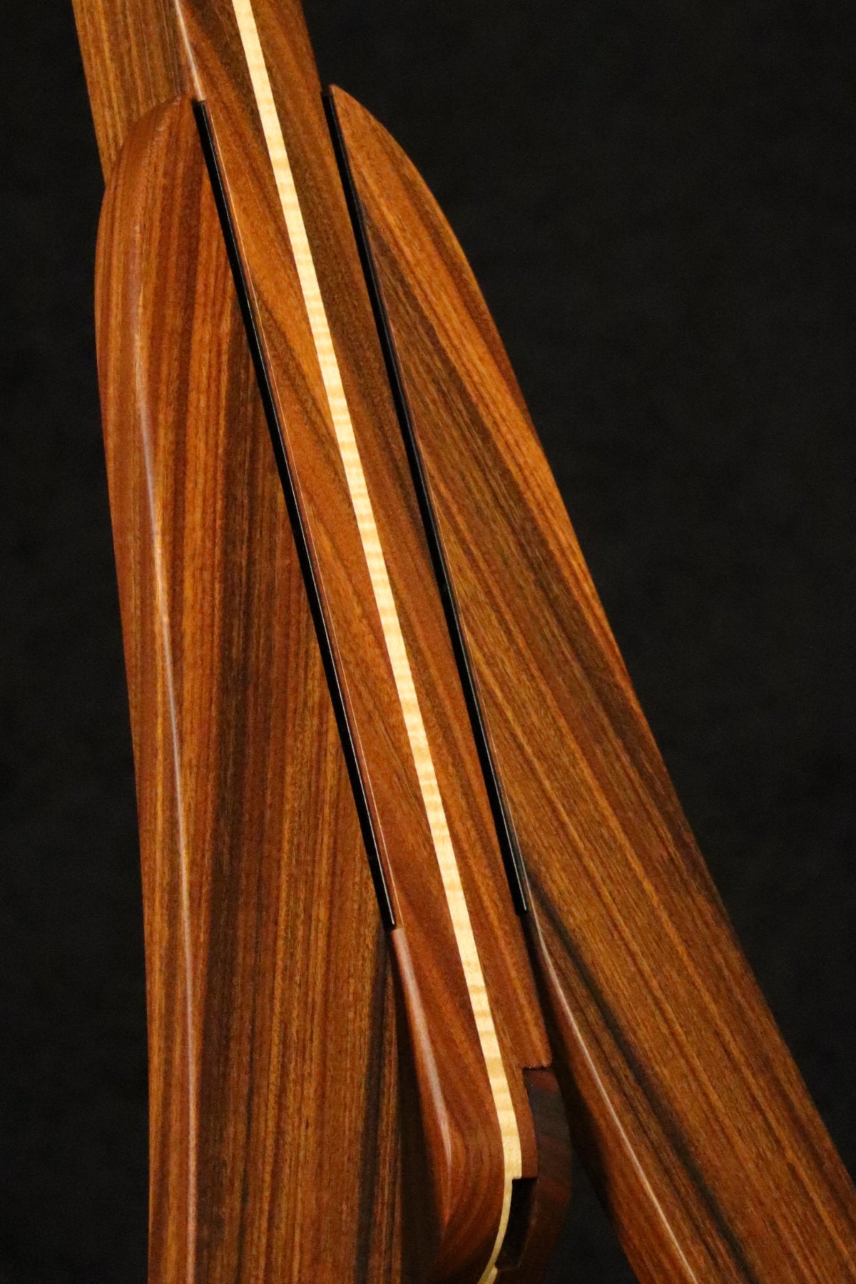 Folding morado Bolivian rosewood pau fero and curly maple wood guitar floor stand closeup front image