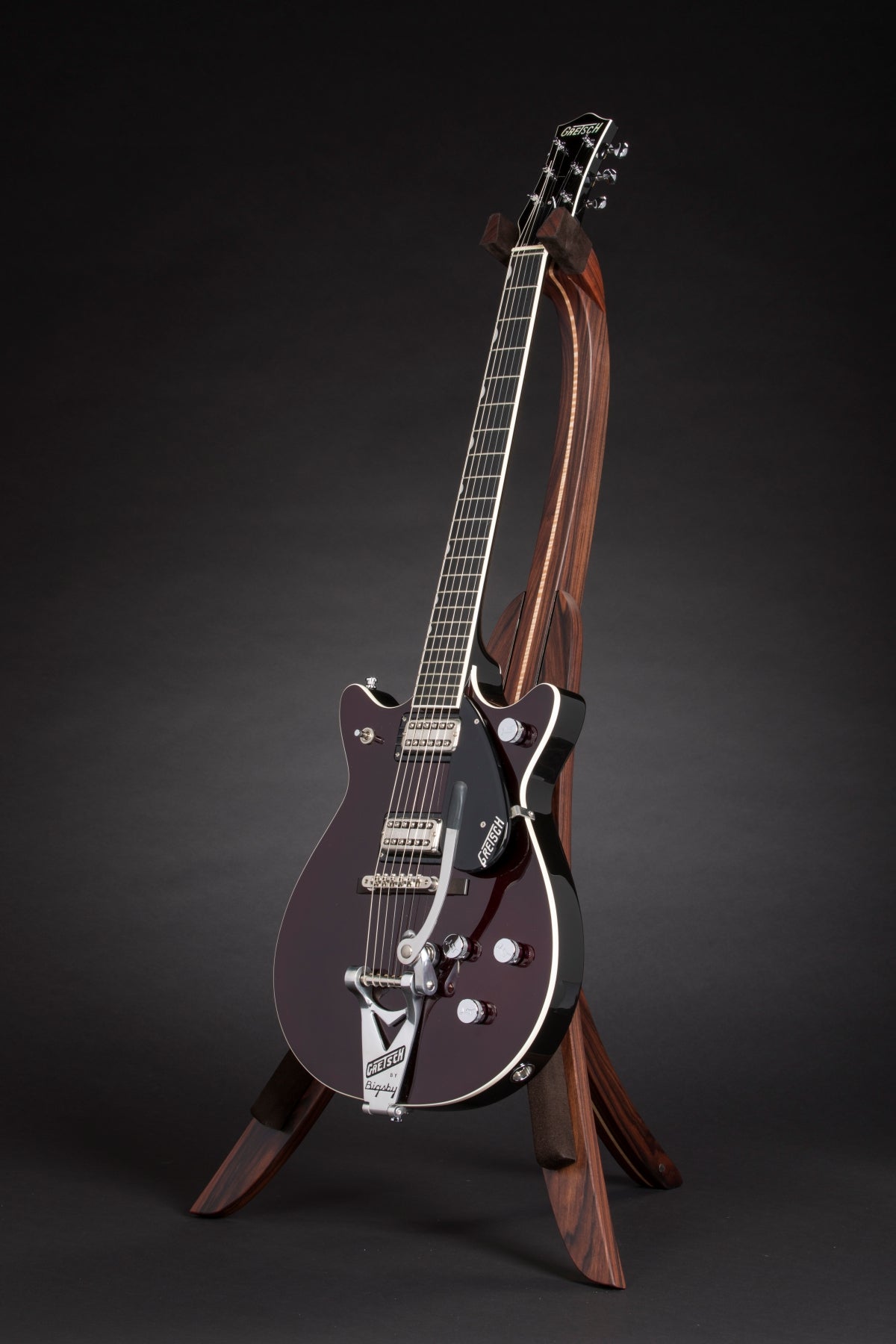 Folding morado Bolivian rosewood pau fero and curly maple wood guitar floor stand full front image with Gretsch guitar